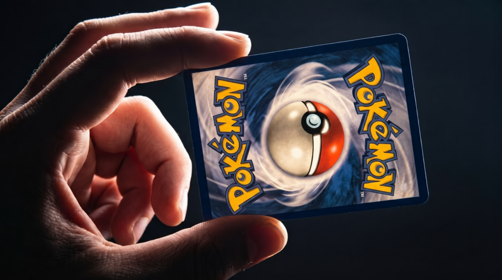 Hand houdt een Pokémon-kaart tegen het licht om de echtheid te controleren