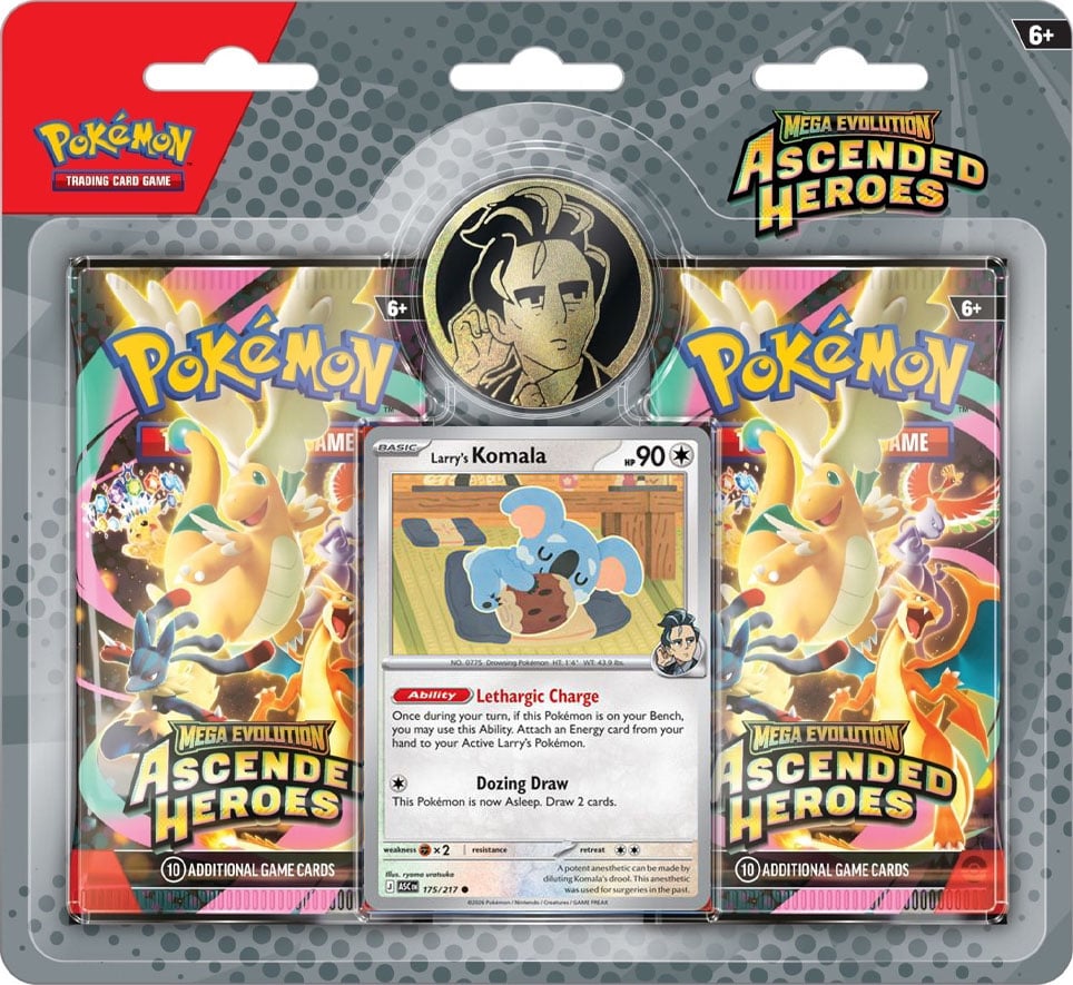 Pokemon TCG Ascended Heroes 2-pack blister met Larry's Komala promokaart en munt