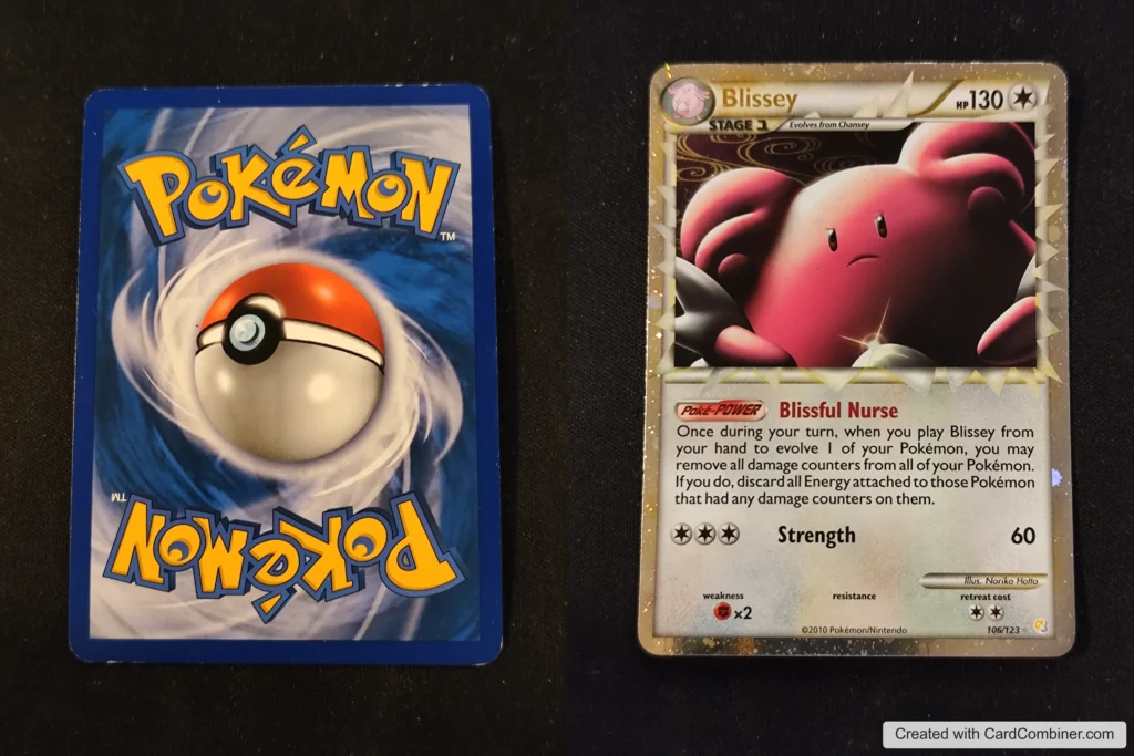 Blissey-kaart, voor- en achterkant gefotografeerd